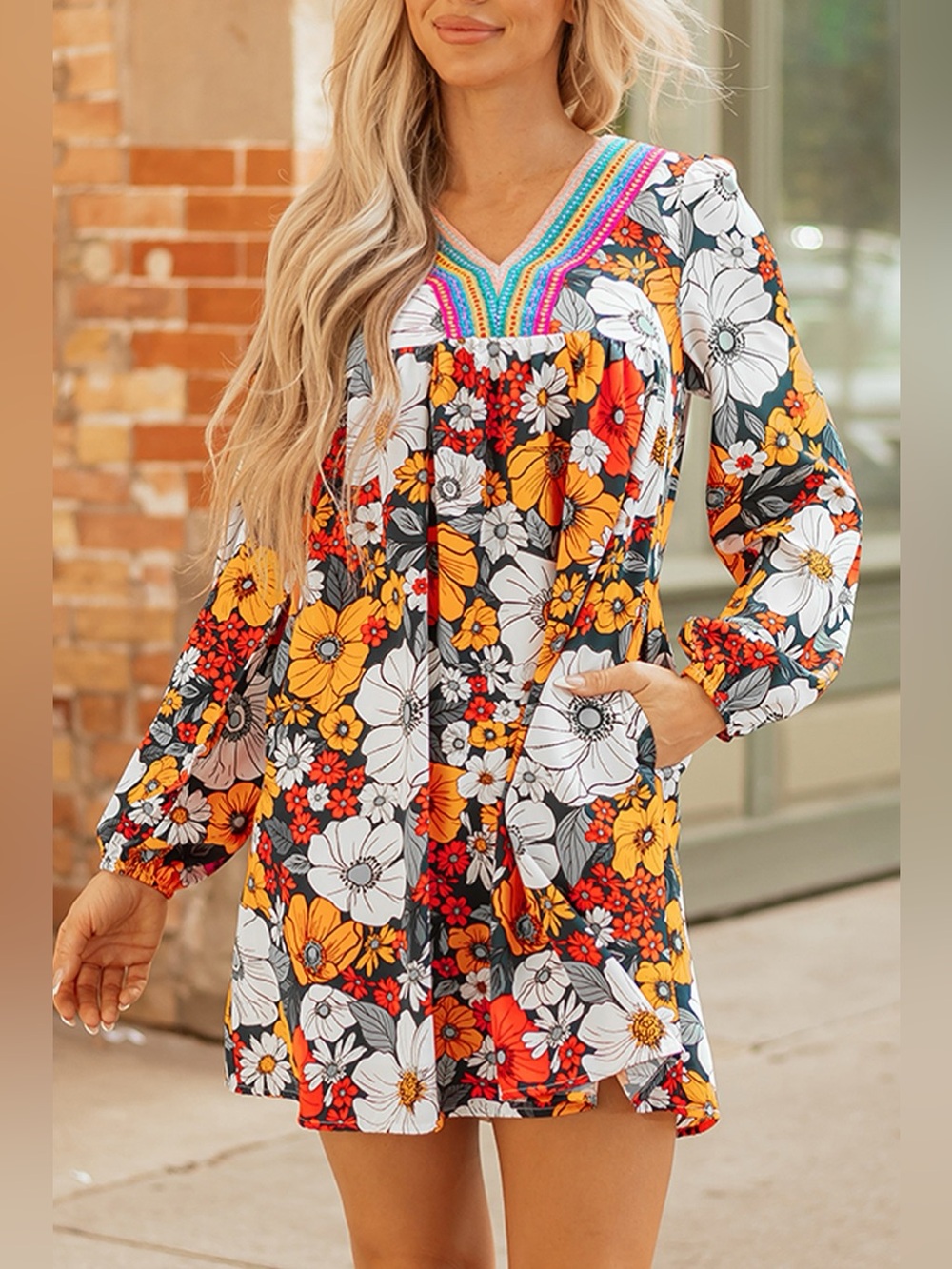 Boho Floral Print V-Neck Mini Dress with Pockets